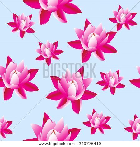 Pink Lilies On A Blue Background. Seamless Flower Patterns.