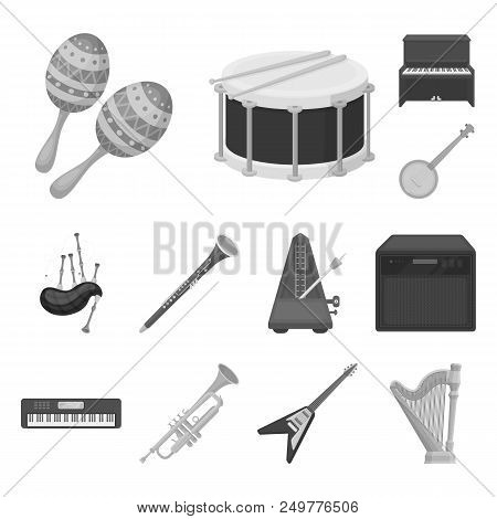 Musical Instrument Monochrome Icons In Set Collection For Design. String And Wind Instrument Vector 