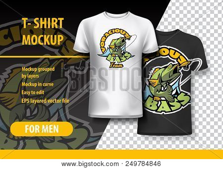 T-shirt Mockup With Voracious Bass Phrase In Two Colors. Mockup Layered And Editable.