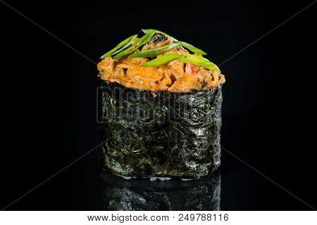 Japanese Cuisine. Appetizing Gunkan Spicy Kinoko With Rice, Mushrooms, Onion And Sauce On Dark Backg