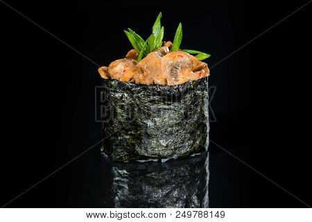 Japanese Cuisine. Appetizing Gunkan Spicy Kinoko With Rice, Mushrooms, Onion And Sauce On Dark Backg