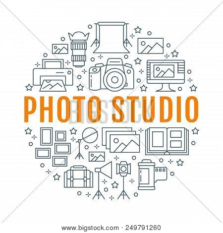 Photography Equipment Poster With Flat Line Icons. Digital Camera, Photos, Lighting Video Cameras, P