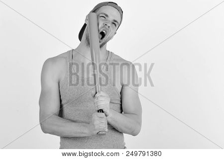 Guy In Grey Tank Top Holds Bright Green Bat. Sports And Game Concept. Man In Cyan Green Baseball Hat