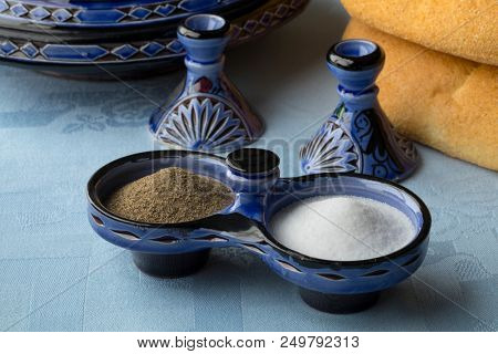 Traditional Moroccan pepper and salt set ready for a meal