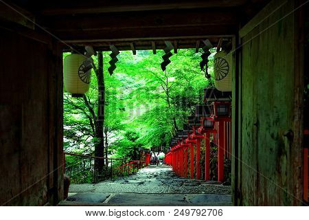 Steep Stairs, Red Light Poles Continued Staircase Entrance To Kibune-jinja Shrine, Kyoto, Japan. Whe