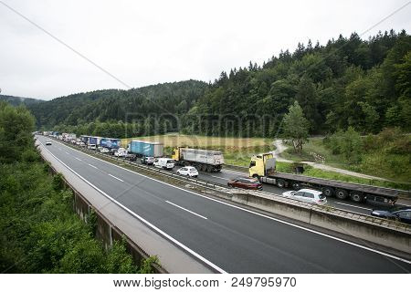 Vransko, Slovenia / Slovenia - July 11 2018: Stop At Slovenian Highway For Truck Full With Corn