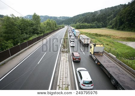 Vransko, Slovenia / Slovenia - July 11 2018: Stop At Slovenian Highway For Truck Full With Corn