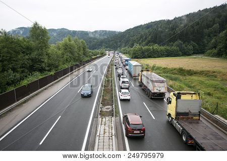 Vransko, Slovenia / Slovenia - July 11 2018: Stop At Slovenian Highway For Truck Full With Corn