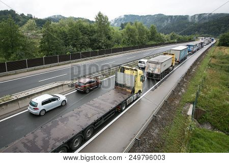 Vransko, Slovenia / Slovenia - July 11 2018: Stop At Slovenian Highway For Truck Full With Corn