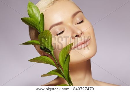 Beautiful Woman Applies Organic Cosmetic. Spa And Wellness. Model With Clean Skin. Healthcare. Pictu