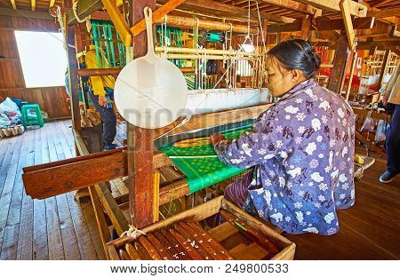Inpawkhon, Myanmar - February 18, 2018: Textile Workshops On Inle Lake Are Famous For The High Quali