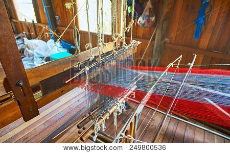 Close-up Of The Old Hand Loom With Colored Yarn And Timber Parts, Inpawkhon, Inle Lake, Myanmar.