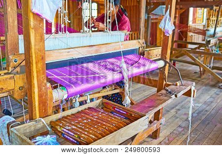 Inpawkhon, Myanmar - February 18, 2018: Handmade Textile Production Is One Of The Main Handicrafts O