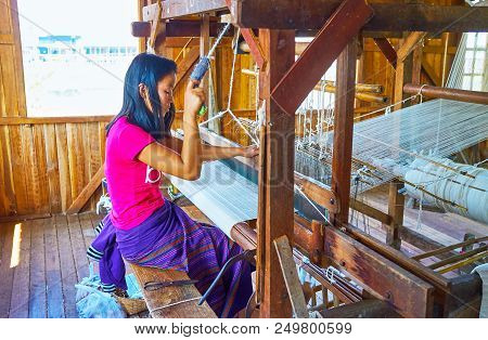 Inpawkhon, Myanmar - February 18, 2018: Production Of Lotus Fabric - The Most Expensive Material In 