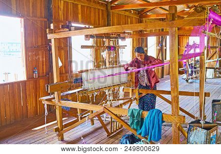 Inpawkhon, Myanmar - February 18, 2018: The Manufacturing Process In Traditional Workshop With Woode