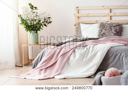 King-size Bed With Grey Sheets And Pink Blanket Standing In Bright Bedroom Interior With Fresh Plant