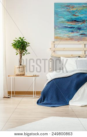 Plant On Table Next To Bed With Blue Blanket In Bright Bedroom Interior With Painting. Real Photo