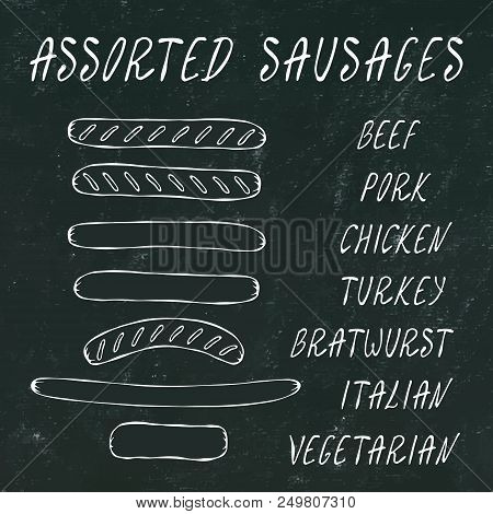Set Of Assorted Sausages For Fast Food, Restaurant Or Bar Menu. Hand Drawn High Quality Clean Vector