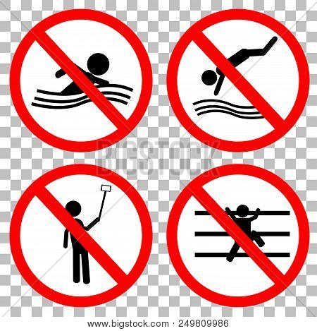 Vector Prohibition Sign For No Swim, Jump, Self Portrait And Climb