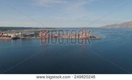 Sea Cargo Port With Cranes, Docks, Containers In Subic Bay. Philippines, Luzon. Aerial View: Cargo P