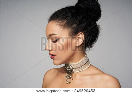 Beauty Closeup Profile Portrait Of Beautiful Mixed Race Caucasian - African American Woman Wearing C