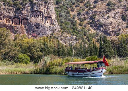 Lycian Tombs In The Mountains On The Dalyan River, Turkey. Dalyan Canal View. Dalyan Is Populer Tour