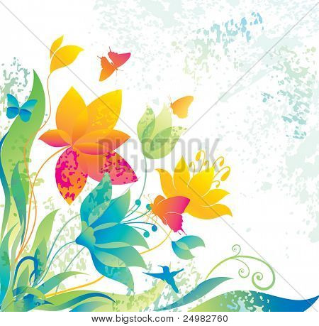 Sfondo bellissimo fiore con farfalla e colibri.