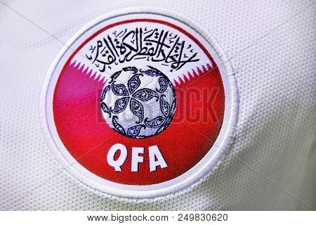 Moscow, Russia - July 14, 2018: The Emblem Of The Qatar Football Association Qfa On The Official Ath