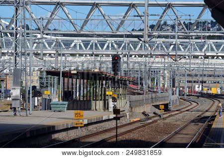 Platform and train view on Oslo central station. Oslo Central Station (Sentralstasjon) is main railway station in Oslo. June 17. 2018. Oslo,Norway