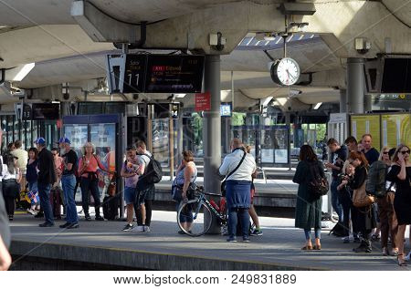 Platform and train view on Oslo central station. Oslo Central Station (Sentralstasjon) is main railway station in Oslo. June 17. 2018. Oslo,Norway
