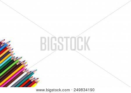 Colored Pencils On White Background. Back To School Design Elements. Empty Space For Text.