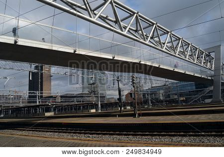 Platform and train view on Oslo central station. Oslo Central Station (Sentralstasjon) is main railway station in Oslo. June 17. 2018. Oslo,Norway