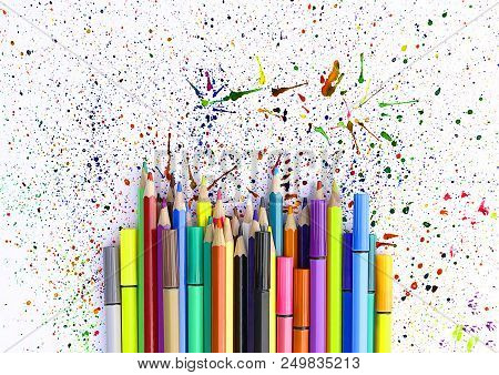 Colored Pencils On White Background With Colorful Chaotic Watercolor Splashes. Back To School Design