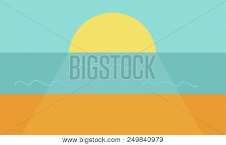 Sunset On The Sea Or Ocean. The Large Crimson Sun Sets On The Water. Vector Flat Illustration.