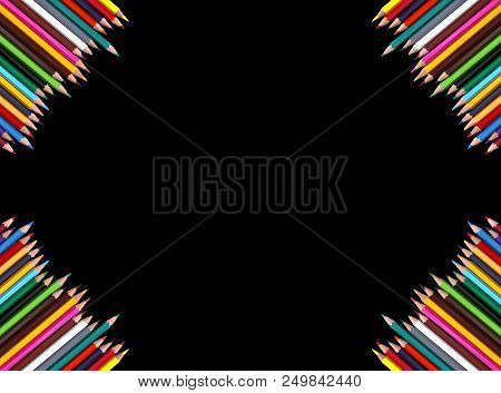 Set Of Bright Colored Pencils On Black Background. Back To School Design Elements. Empty Space For T