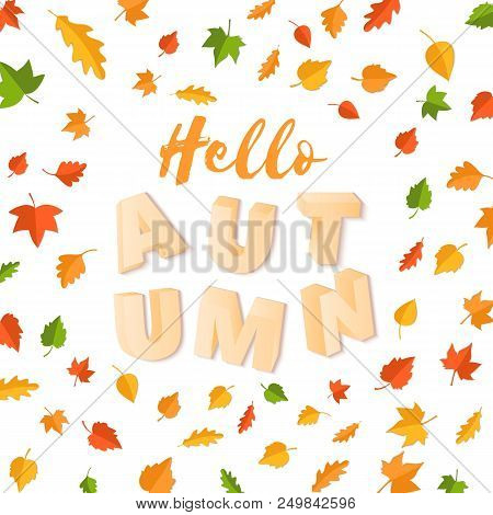 Word Autumn Composition With Green Yellow Red Leaves On White Background In Paper Cut Style. Fall Le