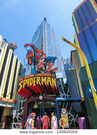 Orlando, Florida, Usa - May 09, 2018: Entrance To Spiderman Ride. Universal Studios Orlando Is A The