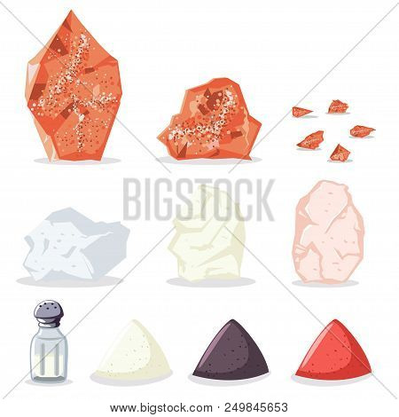 Himalayan Pink And Rock Salt, Sugar, Pepper And Other Spices. Vector Icon Set Of Raw Minerals For Co