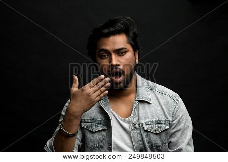 Guy Wants To Sleep. Wake Up In The Morning. Sleepy Hindoo Man With Open Mouth. Male Closeing Mouth W