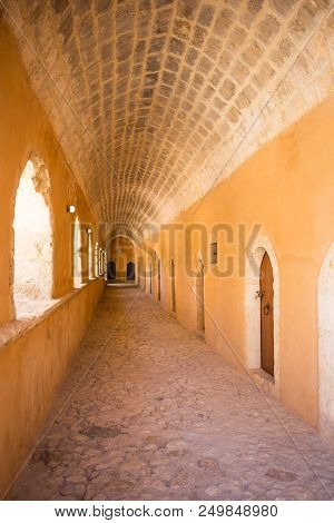 Passageway In The West Gate At The Arkadi Monastery, Arkadi, Crete, Greece.
