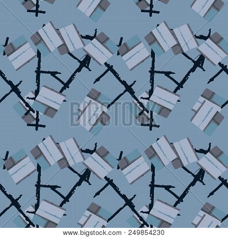 Military Camouflage Seamless Pattern In Shades Of Green And Dusty Blue Colors. Square Grid Ufo Camo 