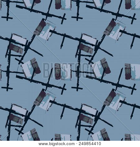 Military Camouflage Seamless Pattern In Shades Of Green And Dusty Blue Colors. Square Grid Ufo Camo 