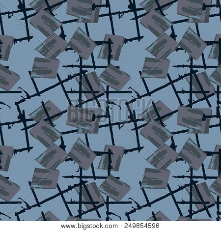 Military Camouflage Seamless Pattern In Shades Of Green And Dusty Blue Colors. Square Grid Ufo Camo 