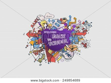 Concept Of Education. School Background With Hand Drawn School Supplies And Comic Speech Bubble With