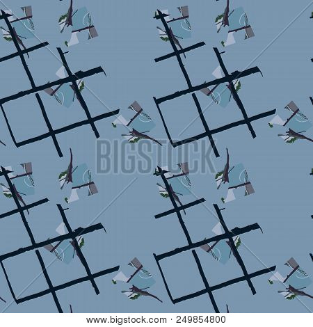 Military Camouflage Seamless Pattern In Shades Of Green And Dusty Blue Colors. Square Grid Ufo Camo 