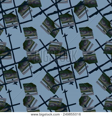 Military Camouflage Seamless Pattern In Shades Of Green And Dusty Blue Colors. Square Grid Ufo Camo 