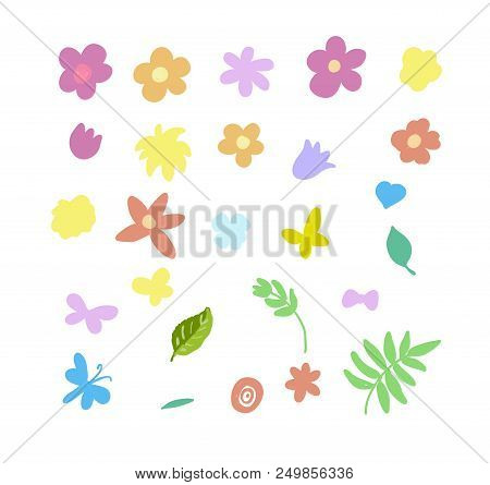 Floral Elements With Leaves, Butterfly, Dragonfly. Simple Hand Drawn Style.