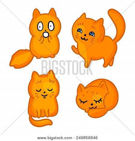 Cartoon Cats Stickers. Red Kitties Collection Includes Such Characters As Frightened, Smiling, Think
