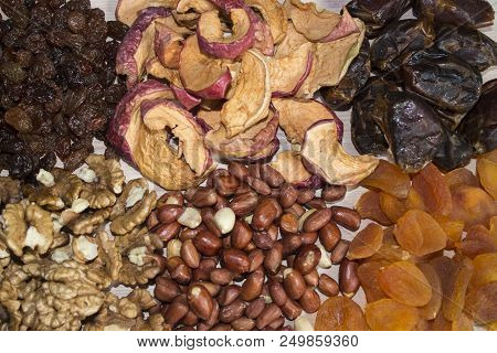 Nuts Pile Background. Organic Food Rustic Banner Template. Tasty Healthy Snack. Scattered Nut On Tab