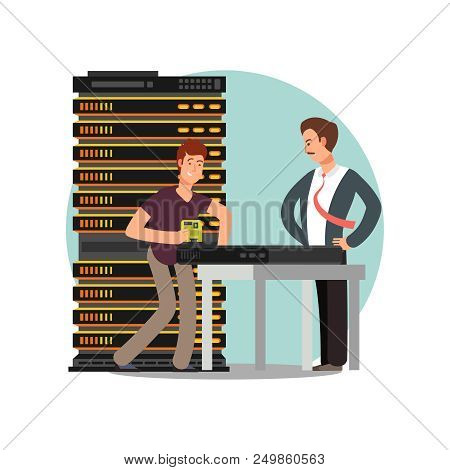 Angry Boss And Computer Engeneer Flat Cartoon Character. Vector Illustration